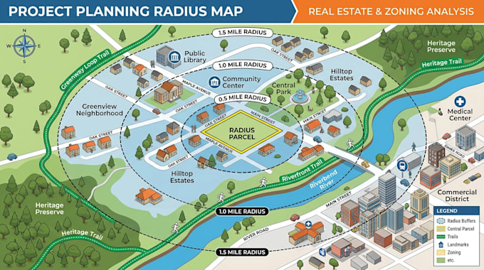 create radius parcel maps for real estate, zoning, and permit planning projects