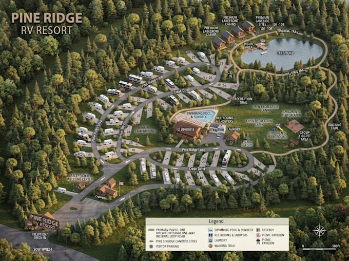 design rv park maps, campground layouts, campsite and visitor navigation