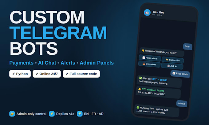 develop a custom telegram bot, telegram ai chatbot or telegram crypto bot