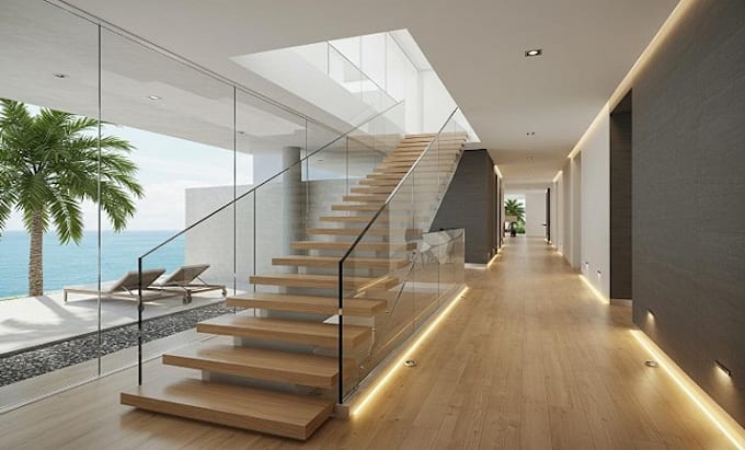 create modern staircase design, 3d model, railing and realistic render