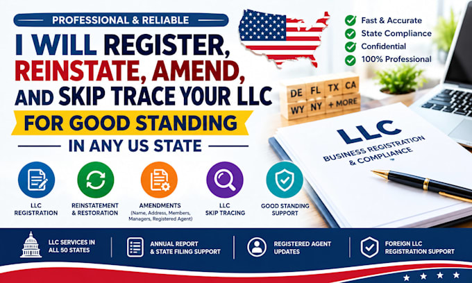 register, reinstate, amend, skip trace your llc for good standing any US state