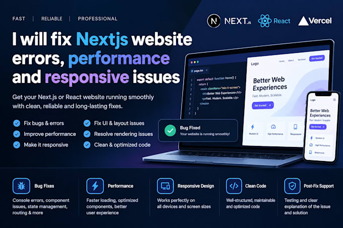 fix nextjs website errors, performance and responsive issues