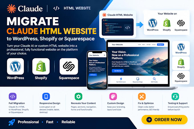 migrate claude HTML website claude ai to wordpress claude to shopify squarespace