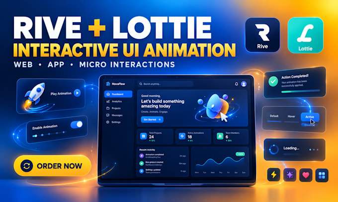 create rive interactive animation, lottie UI animation, web app motion