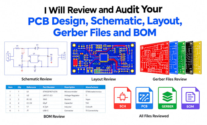 review and audit your pcb design schematic layout gerber files and bom