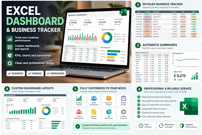 create a professional excel dashboard and business tracker
