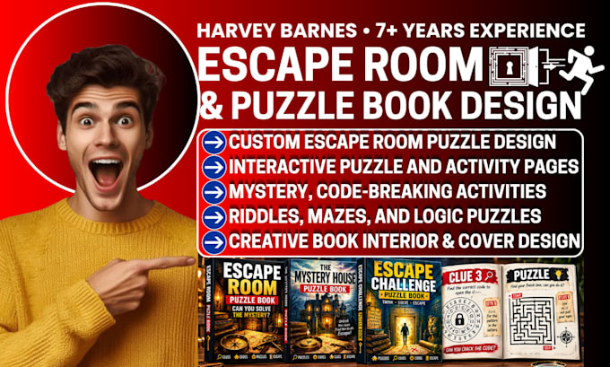 design escape room puzzle books, activity pages, and interactive website puzzles