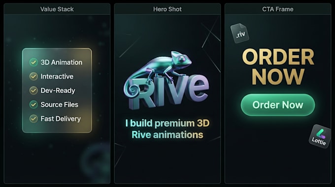 create 3d interactive rive animation for web app ui logo mascot lottie animation