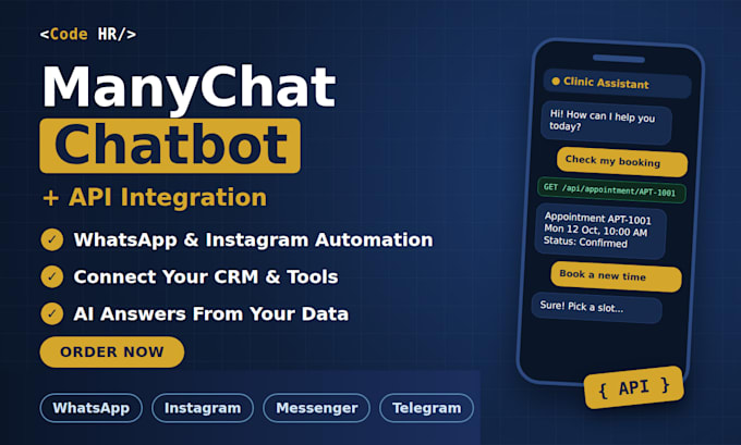build a manychat chatbot with API integration for whatsapp and instagram
