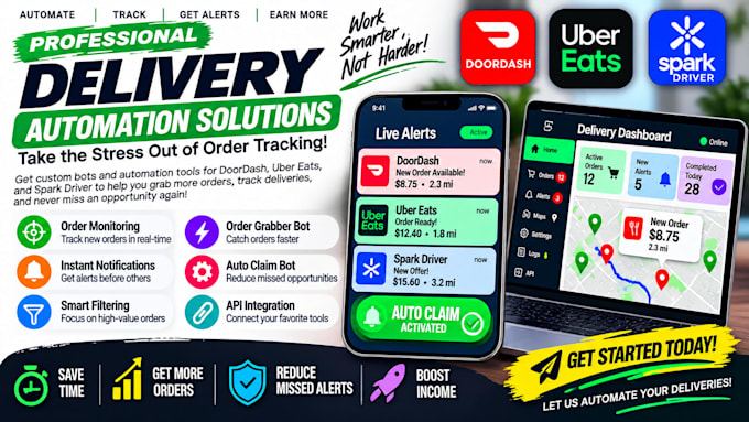 develop spark driver bot, instacart bot, doordash bot, auto grabber, uber bot