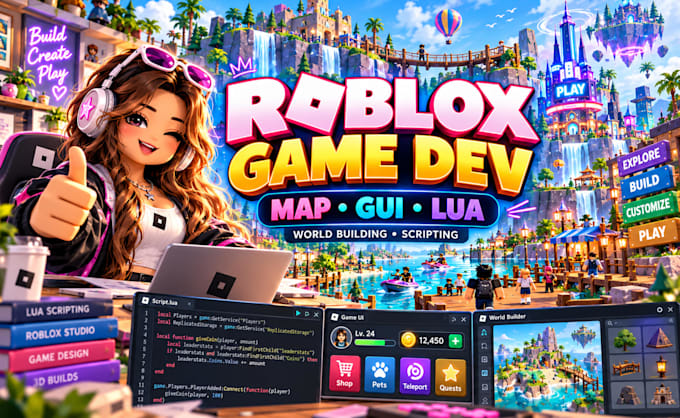 develop roblox full game creation map world building gui lua scripting developer
