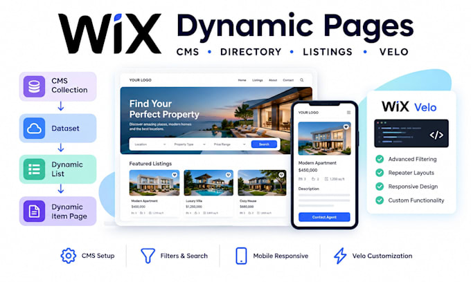 design wix dynamic pages, wix cms directory and database listings with wix velo