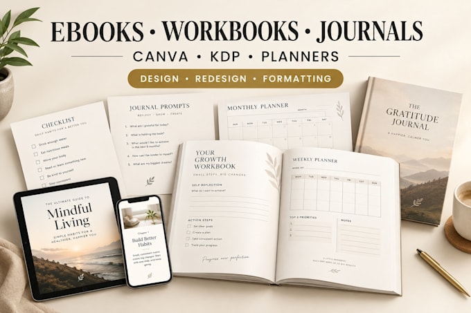 design and redesign canva ebook, workbook, KDP journal and planner