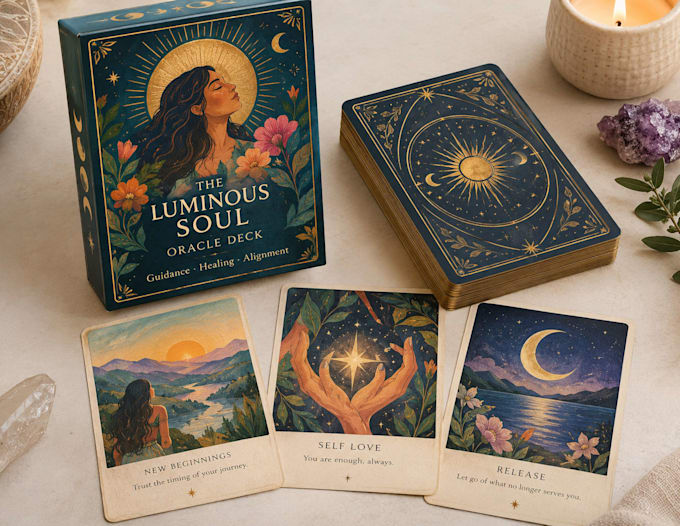 design custom tarot cards oracle deck box packaging mystical fantasy card art