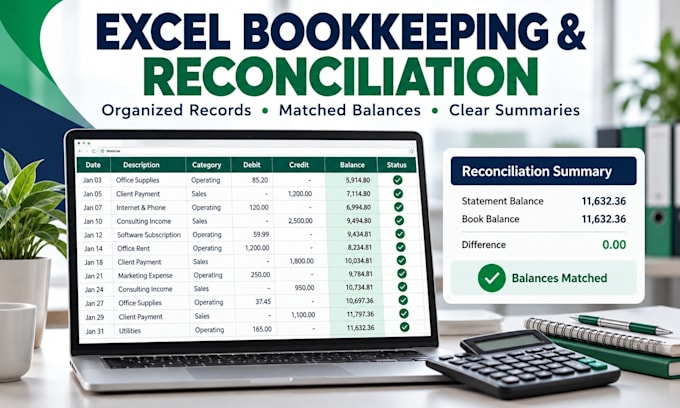 enter bookkeeping records and reconcile statements in excel