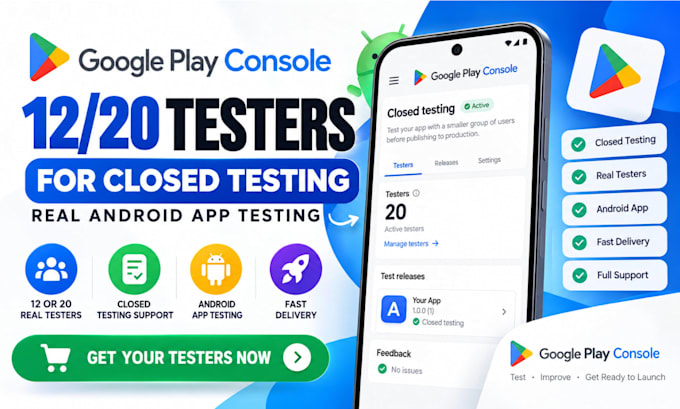 provide 12 20 testers for google play console closed testing android app testing