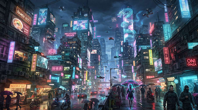 make landscape or city in cyberpunk style