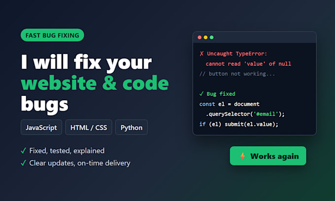fix bugs in your website, javascript, java, typescript