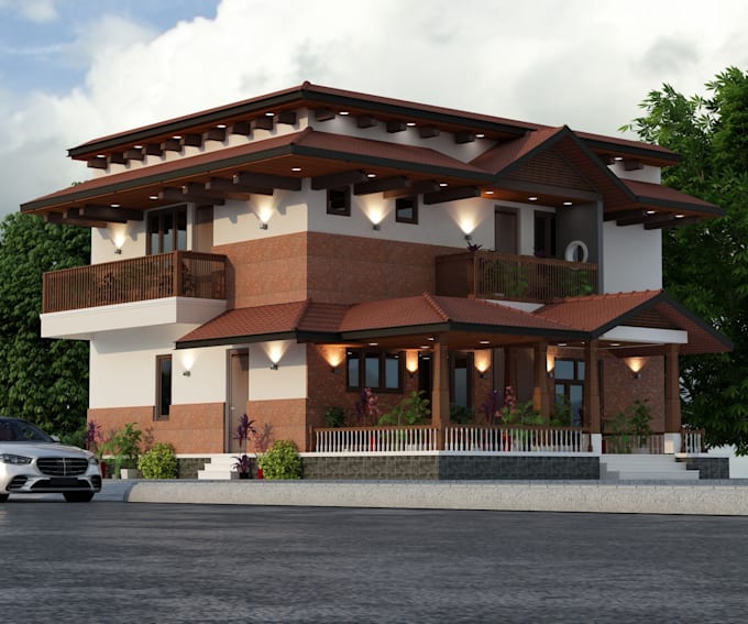 create a realistic 3d exterior elevation design