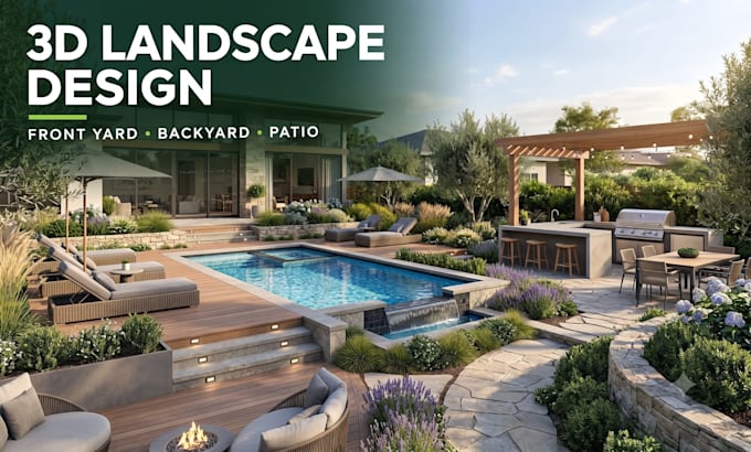 create 3d landscape design, backyard, patio and pool rendering