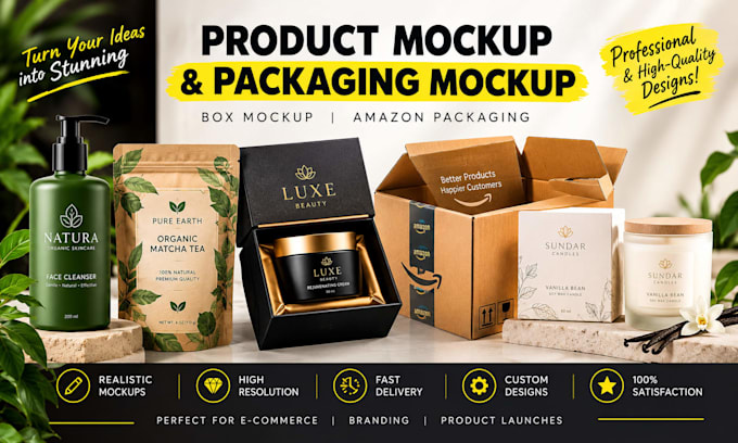 create product mockup, packaging mockup, box mockup and amazon packaging