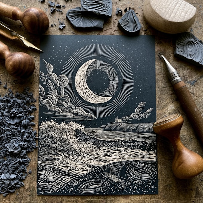 do draw high quality illustration in linocut style