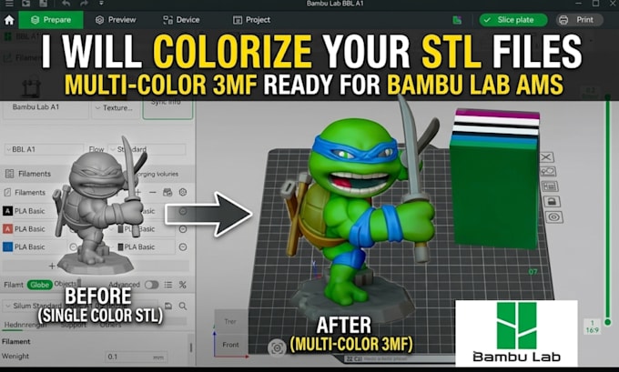 paint stl convert stl to 3mf split slice color  for bambu lab ams 3d printing