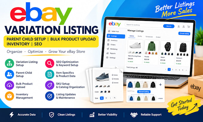 ebay variation listing parent child setup bulk product upload inventory seo