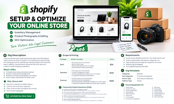 setup shopify store audition product upload photography editing SEO optimization
