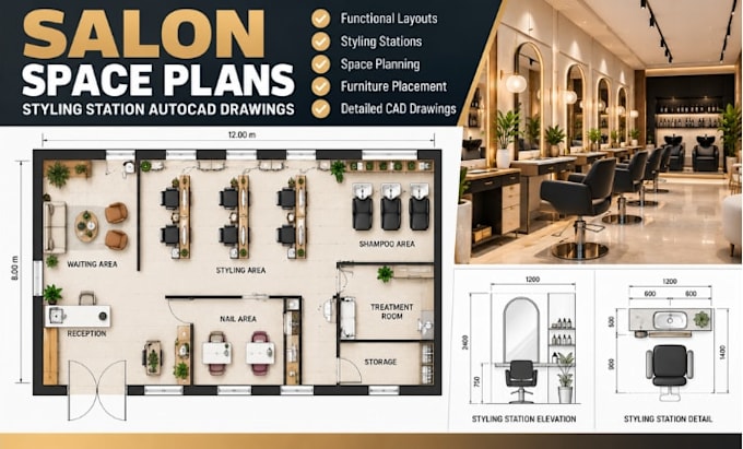 create salon space plans, styling station autocad drawings