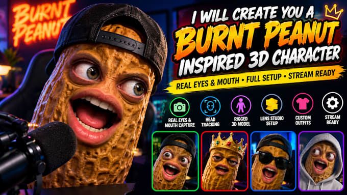 create a burnt peanut inspired 3d character with rigging and lens studio