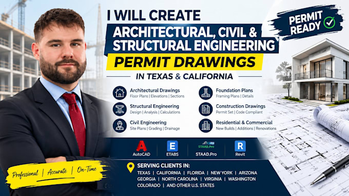 create architect, civil and structural engineering permit drawing in texas, ca