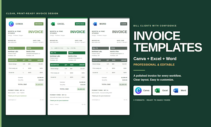 create invoice templates in canva, excel, and word for your business