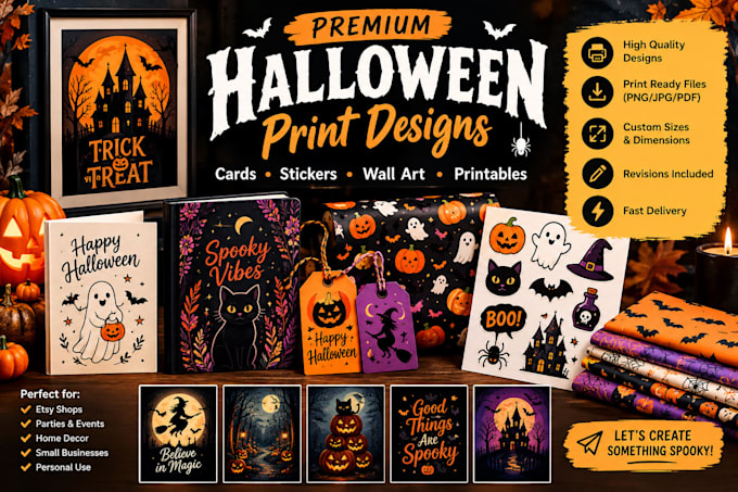 create unique halloween print designs for cards, wall art, sticker