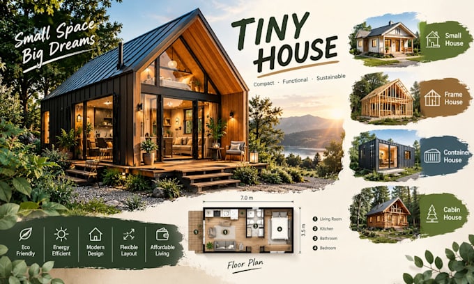 design tiny house, a frame cabin, container house and small house