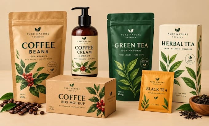 design premium coffee and tea packaging, labels, pouches, boxes and 3d mockups
