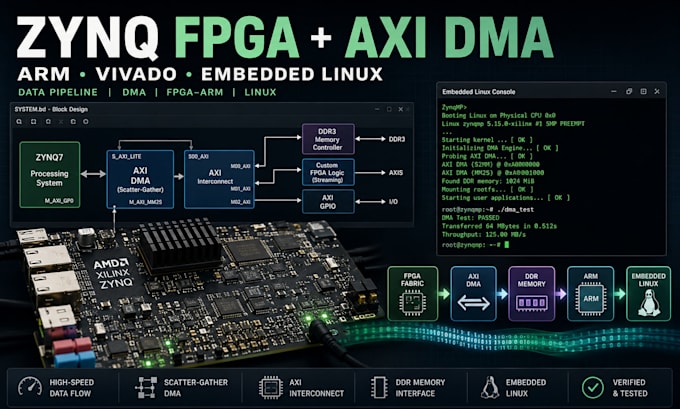 integrate zynq fpga axi dma, arm processor, vivado, and embedded linux platform