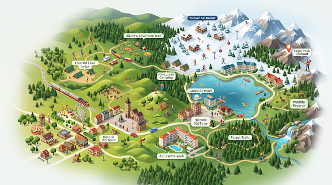 design resort map, hotel map, tourism map, destination, and vacation maps