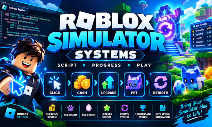 make a roblox simulator system , roblox developer, pvp, gui, vfx, lua scripting