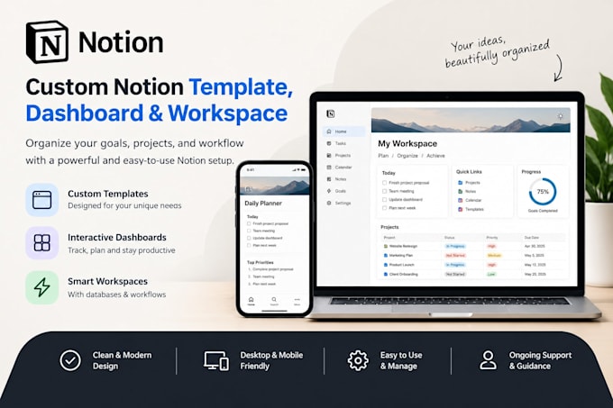 design custom notion template, dashboard, and notion workspace