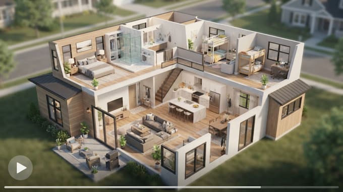 design house exterior model, 3d rendering, walkthrough