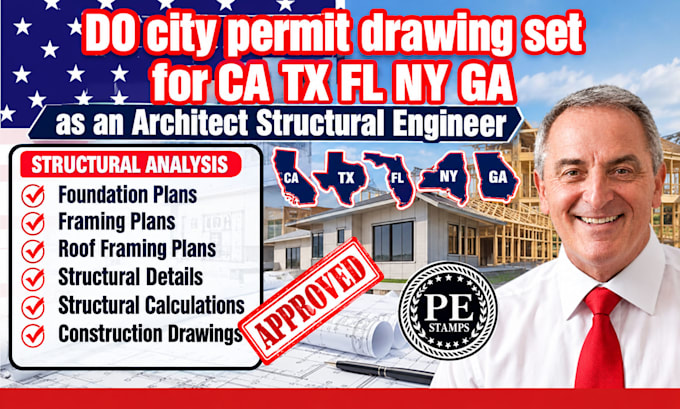 city permit drawing set for ca tx fl ny ga  as an architect structural engineer