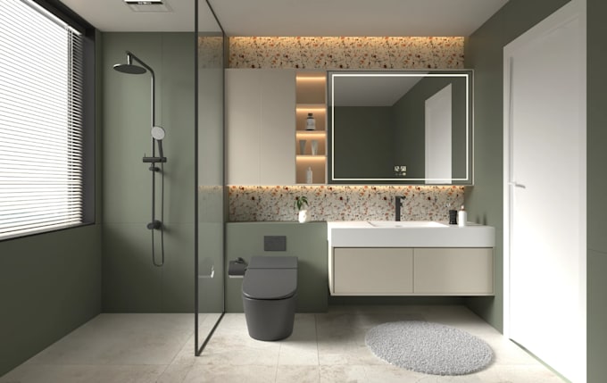redesign bathroom interior,3d layout render,modern vanity,walk in shower,cgi spa