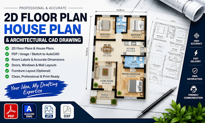 create 2d floor plan, house plan and architectural cad drawing