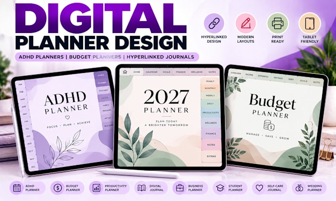design digital planners, adhd planners, budget planners and hyperlinked journals