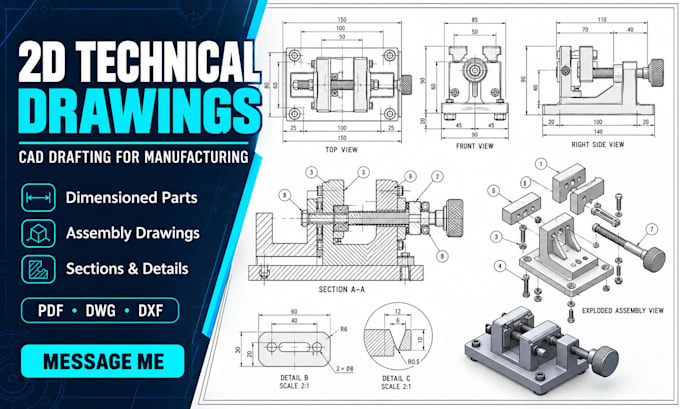 create 2d technical drawings and cad drafting for product manufacturing