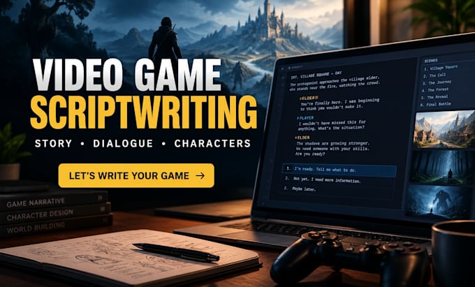write your video game script, story and character dialogue