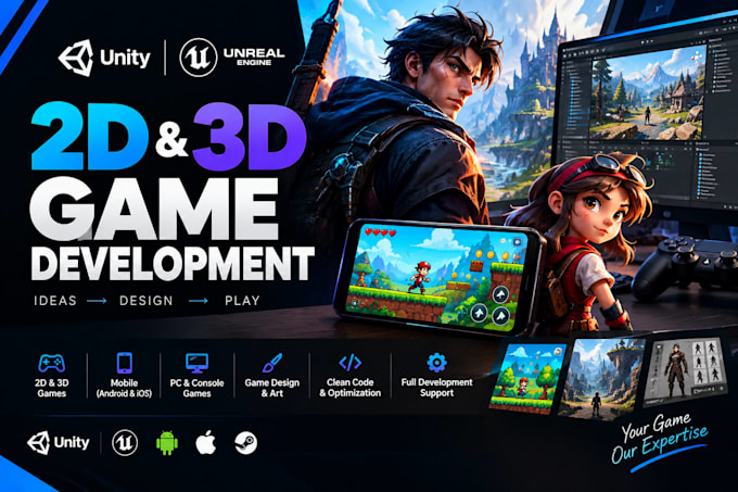 create 2d 3d unity unreal engine game development multiplayer