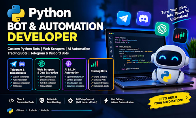 build python bots telegram, discord bots trading bot web scrapers ai automation