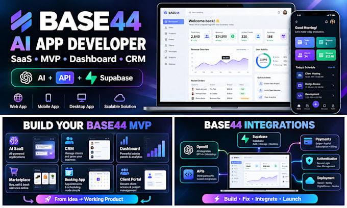 develop base44 ai saas web apps, mobile apps, CRM and mvp